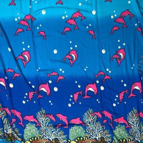 DOLPHIN Under the Sea Blue & Pink Coral Reef Tassel Beach Coverup Sarong Skirt - Picture 2 of 16